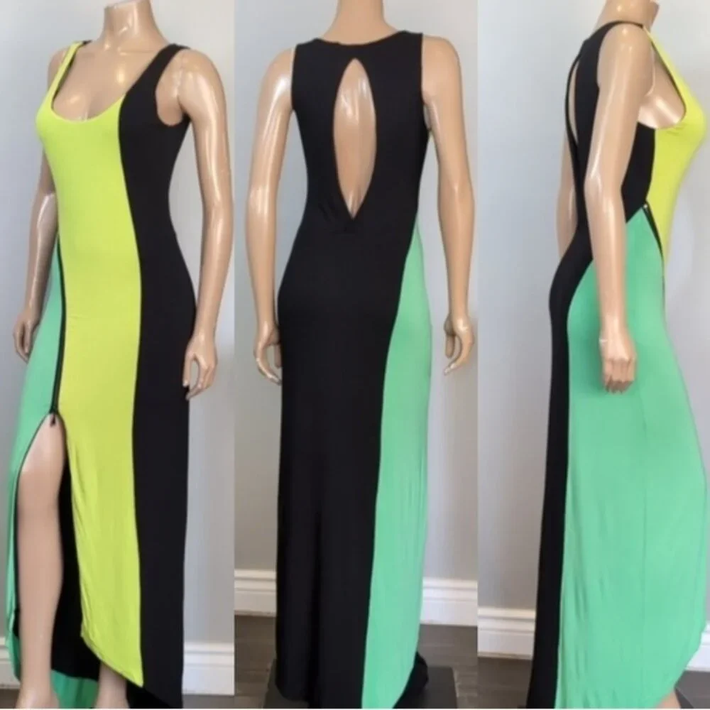 💠Bebe Addiction Colour Block Maxi Dress Women' Size Small Neon Green Sleeveless - Picture 2 of 15